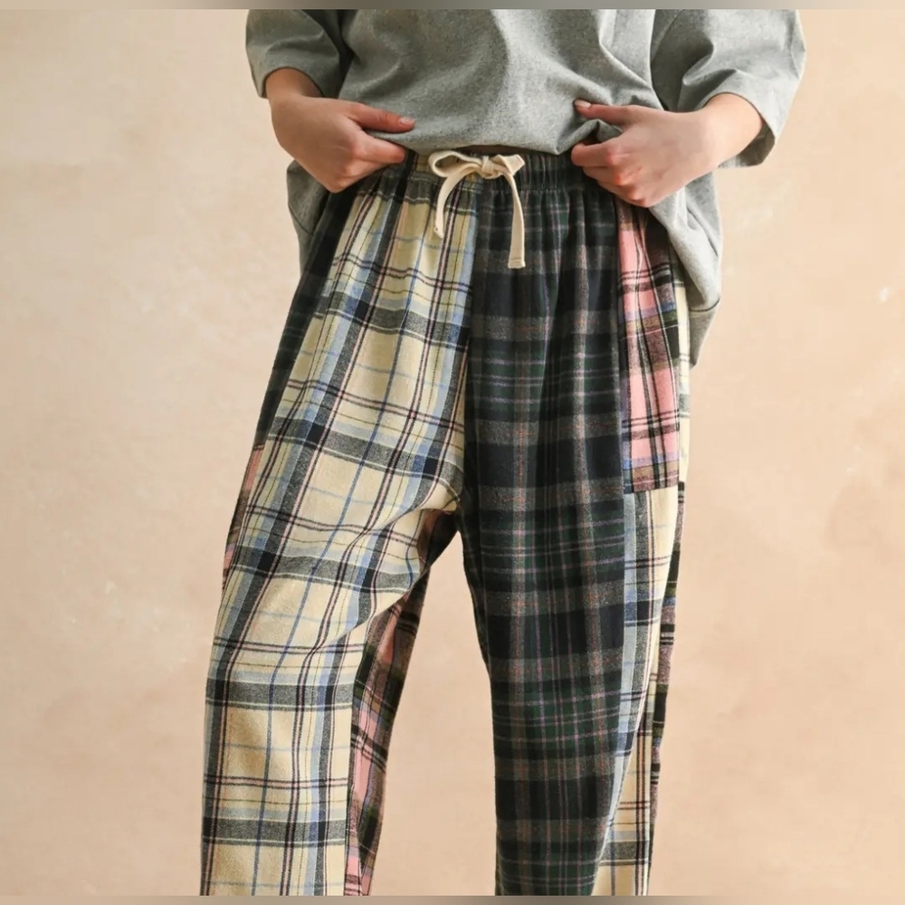 🐧#1260 Miou Muse Patchwork Plaid Cozy Drawstring Jogger Pants